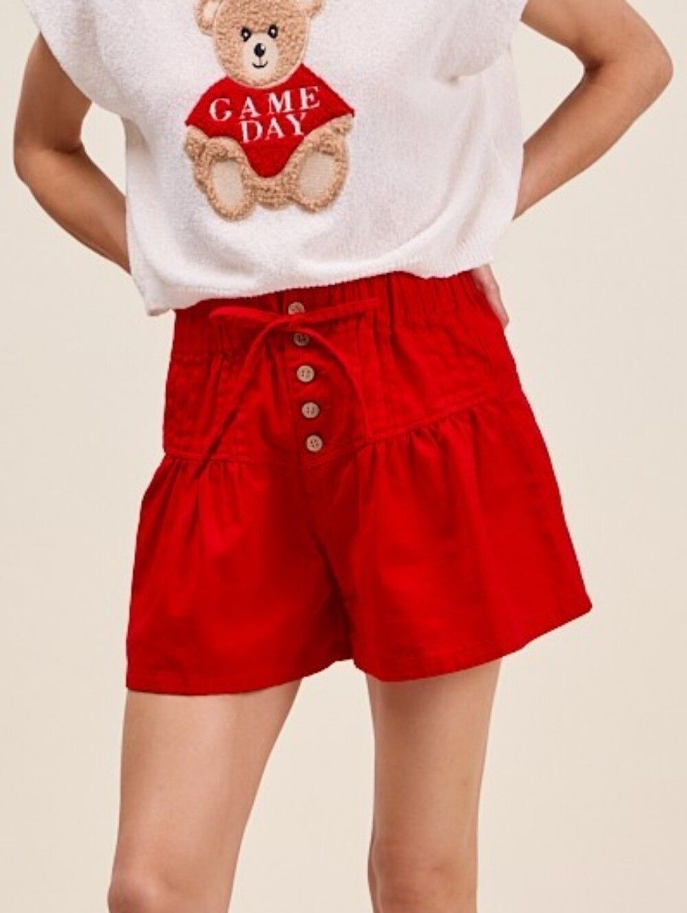 SO ME Red High-Waist Button Accent Elastic Waist Cute Women’s Shorts sz Large